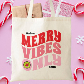 Merry Vibes Only Pink Red Fun Girly Christmas Tote Bag