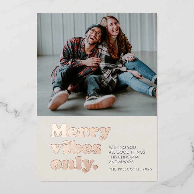 Merry vibes only retro Christmas Foil Holiday Card (Front)