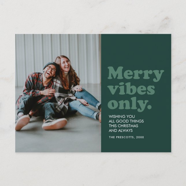 Merry vibes only retro green holiday postcard (Front)