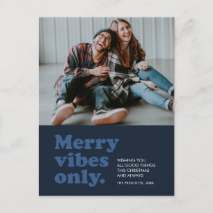 Merry vibes only retro navy blue holiday postcard
