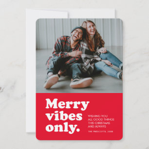 Merry vibes only retro navy Christmas photo Holida Holiday Card
