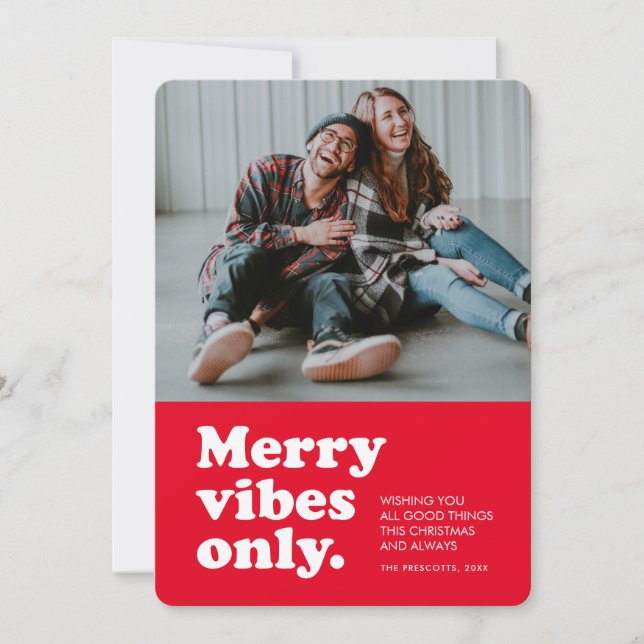 Merry vibes only retro red Christmas photo Holiday Card (Front)
