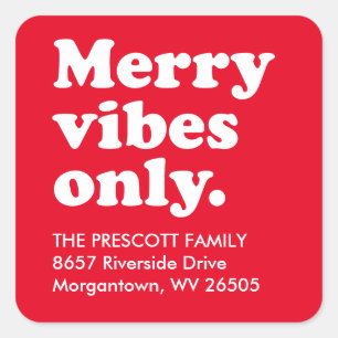 Merry vibes only retro red return address square sticker