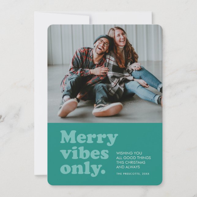Merry vibes only retro teal photo holiday card (Front)