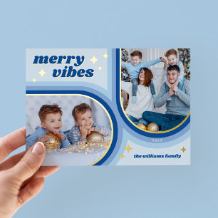 Merry Vibes Retro Arch Photo Blue and Gold Foil Holiday Card