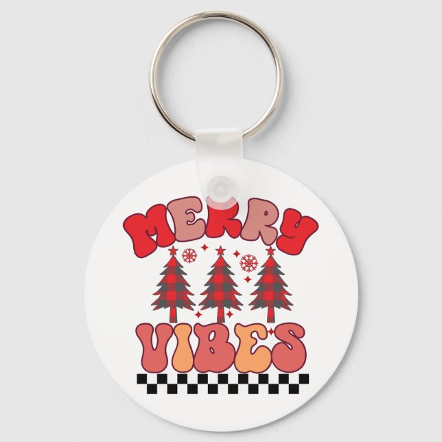 Merry Vibes Retro Groovy Christmas Holidays Key Ring (Front)