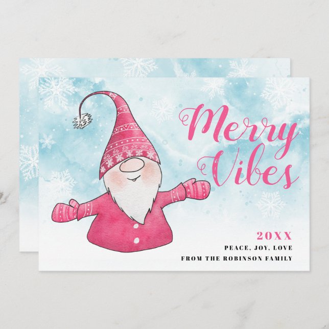 Merry Vibes Snowy Blue Cute Pink Gnome Christmas Holiday Card (Front/Back)