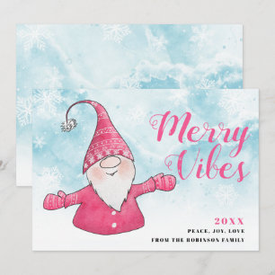 Merry Vibes Snowy Blue Cute Pink Gnome Christmas Holiday Card
