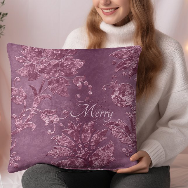 Merry / Vintage Burgundy Floral Velvet Christmas  Cushion (Merry  Vintage Burgundy Floral Velvet Christmas Throw Pillow)