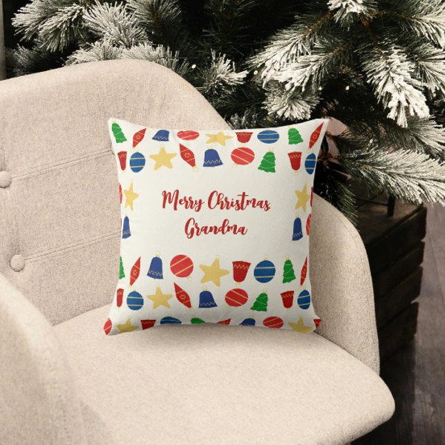 Merry Vintage Holiday Ornaments  Cushion (Cute retro Christmas pillow with vintage red, blue, gold and green Christmas ornaments)
