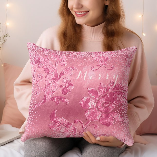 Merry / Vintage Pink Floral Velvet Christmas  Cushion (Merry  Vintage Pink Floral Velvet Christmas Throw Pillow)