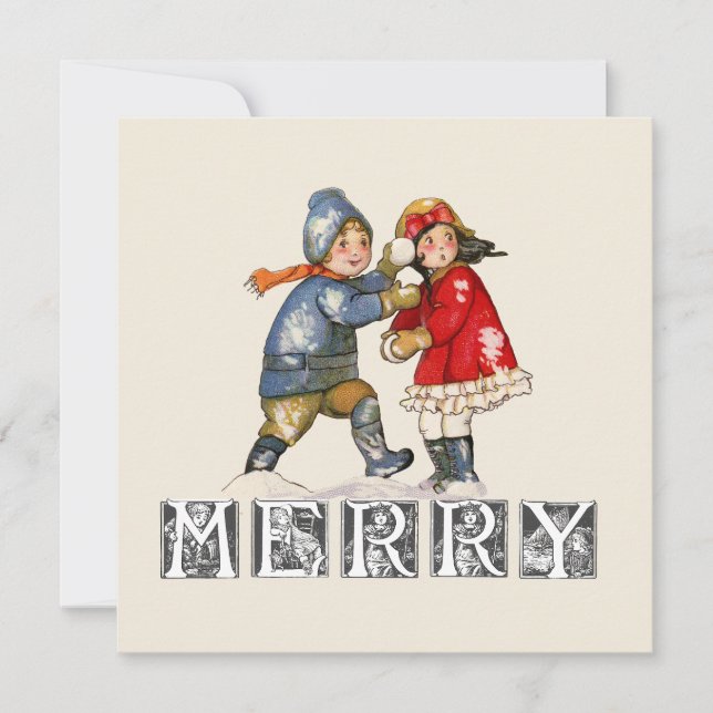 Merry Vintage Snowball Children Christmas Holiday Card (Front)