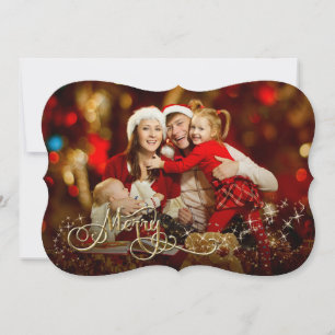 Merry w Gold Glitter Star Bracket Photo Christmas Holiday Card