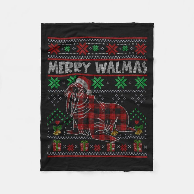 Merry Walmas Ugly Christmas Sweater Walrus Sea Ani Fleece Blanket (Front)
