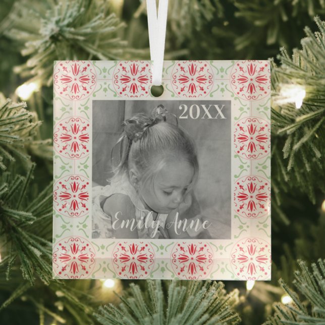 Merry Whimsical Snowflake Fun Photo Personalised Glass Tree Decoration (Insitu)