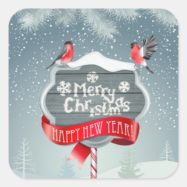 Merry White Christmas & Happy New Year with Birds Square Sticker (Front)