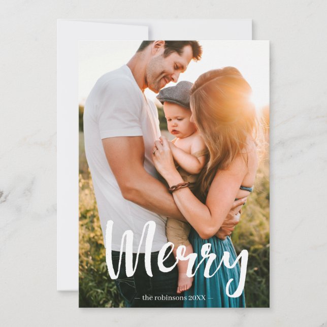 Merry White Script Overlay Photo Collage Family Holiday Card (Front)