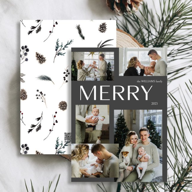 Merry Winter 5 Photo Black Watercolor Christmas Holiday Card (Personalize this Holiday Card easily with your name and photo!)