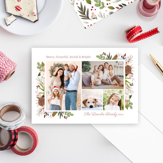 Merry Winter Floral 4 Picture Family Photo Collage Holiday Card (Creator Uploaded)