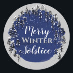 Merry Winter Solstice Blue & Grey Yule Holiday Classic Round Sticker<br><div class="desc">Share warm wishes this holiday season with the Merry Winter Solstice Blue and Grey Yule Holiday design featuring Snowy Evergreen silhouettes over a dark blue and light grey background. Edit the text to say whatever you want by tapping "Personalise this Template".</div>