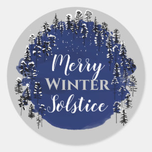 Merry Winter Solstice Blue & Grey Yule Holiday Classic Round Sticker