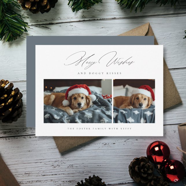 Merry Wishes Doggy Kisses 2 Photo Pet Christmas Holiday Card (Creator Uploaded)