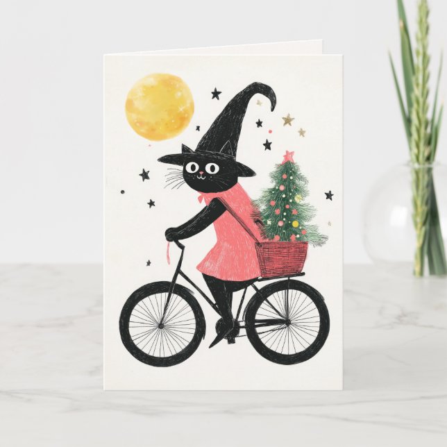 Merry Witchmas Cycling Black Cat Quirky Christmas Card (Front)