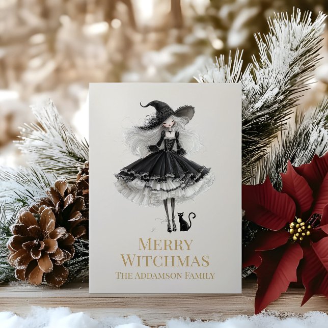 Merry Witchmas Dark Gothic Witch Holiday Card (Merry Witchmas Dark Gothic Witch Holiday Card on a wooden table with Christmas decoration)