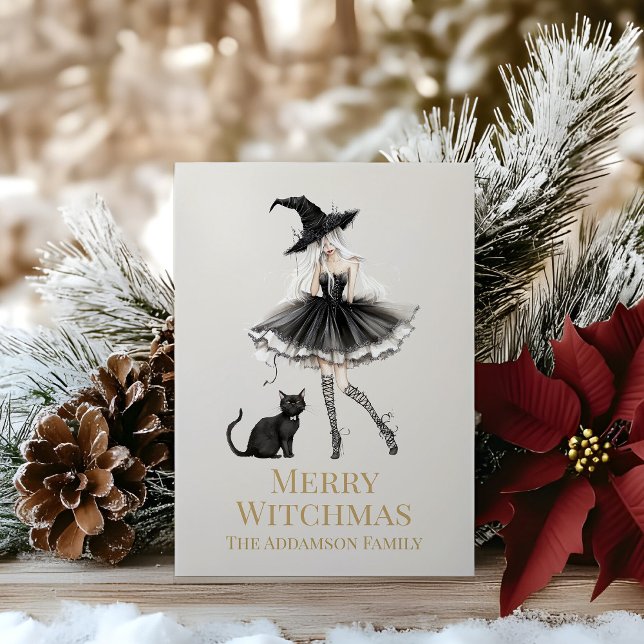 Merry Witchmas Playful Witch Custom Holiday Card (Merry Witchmas Playful Witch Custom Holiday Card on a wooden table with Christmas decoration)