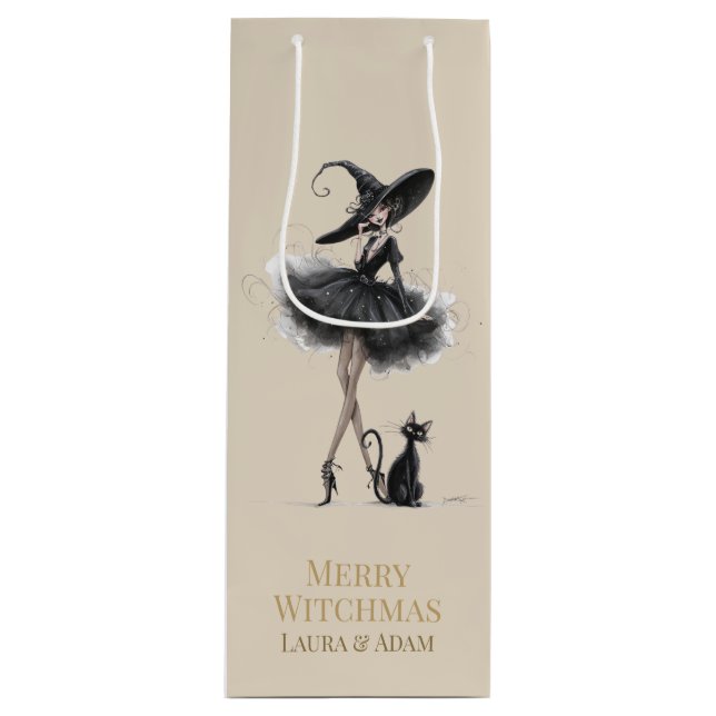 Merry Witchmas Wine Gift Box – Gothic Witch & Cat  Wine Gift Bag (Front)