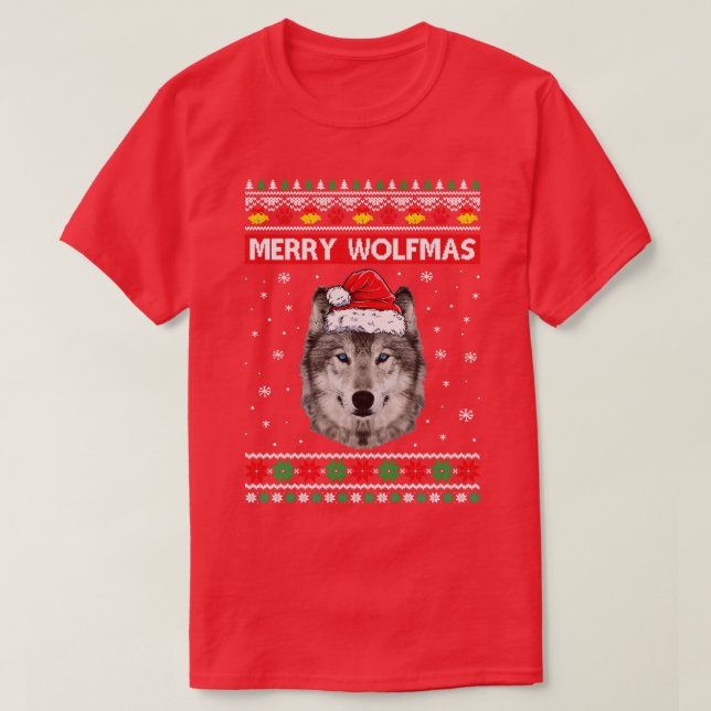 Merry Wolfmas Merry Christmas Ugly Wolf Funny Xmas T-Shirt (Design Front)
