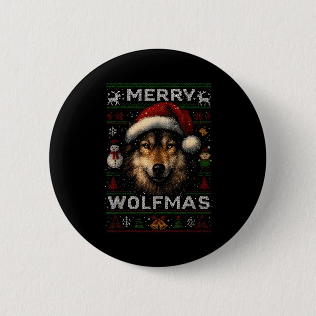 Merry Wolfmas Merry Christmas Wolf Ugly Sweater Fu 6 Cm Round Badge (Front)