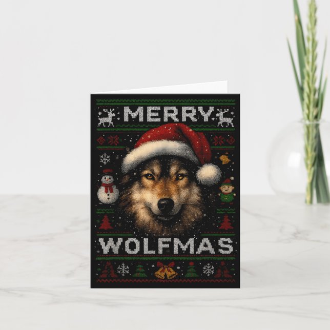 Merry Wolfmas Merry Christmas Wolf Ugly Sweater Fu Card (Front)