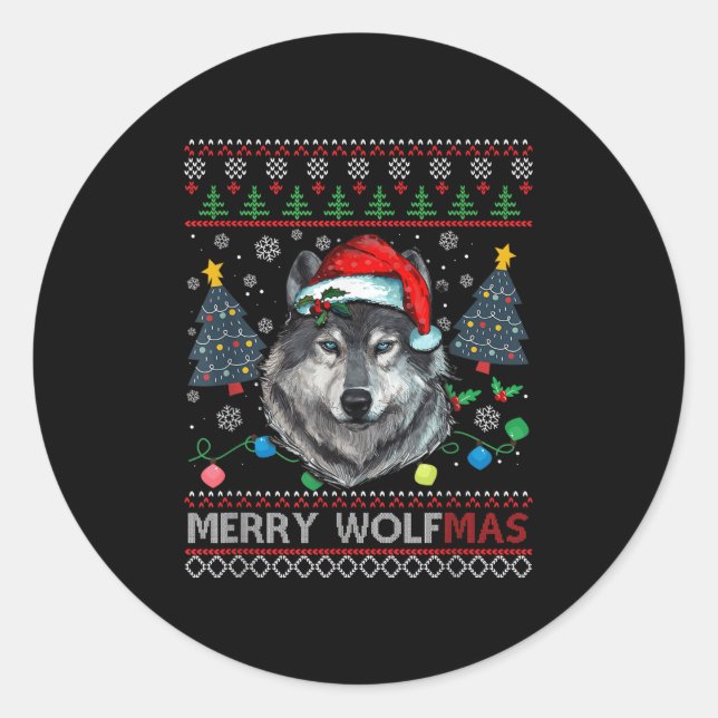 Merry Wolfmas Merry Christmas Wolf Ugly Sweater Fu Classic Round Sticker (Front)