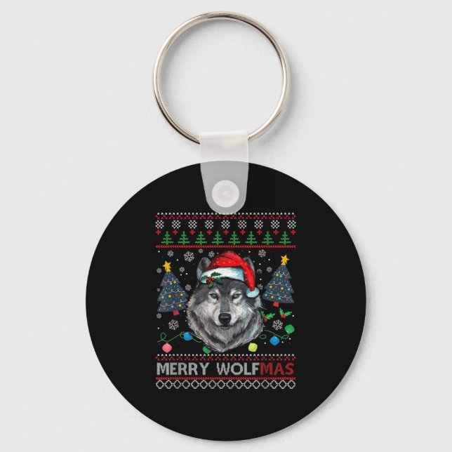 Merry Wolfmas Merry Christmas Wolf Ugly Sweater Fu Key Ring (Front)