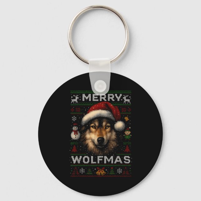 Merry Wolfmas Merry Christmas Wolf Ugly Sweater Fu Key Ring (Front)