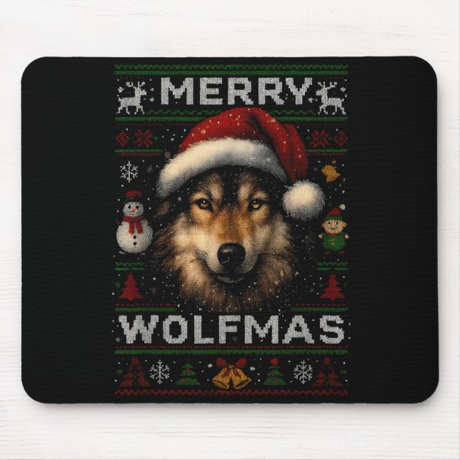 Merry Wolfmas Merry Christmas Wolf Ugly Sweater Fu Mouse Mat (Front)