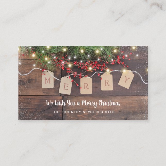 Merry Wood Pine and Berries Holiday Business Card  (Front)
