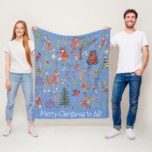Merry Woodland Animal Winter Blue Christmas Forest Fleece Blanket