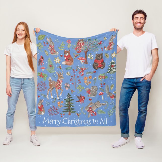Merry Woodland Animal Winter Blue Christmas Forest Fleece Blanket (In Situ)