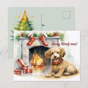 Merry Woof-mas Dog Fireplace Christmas Postcard