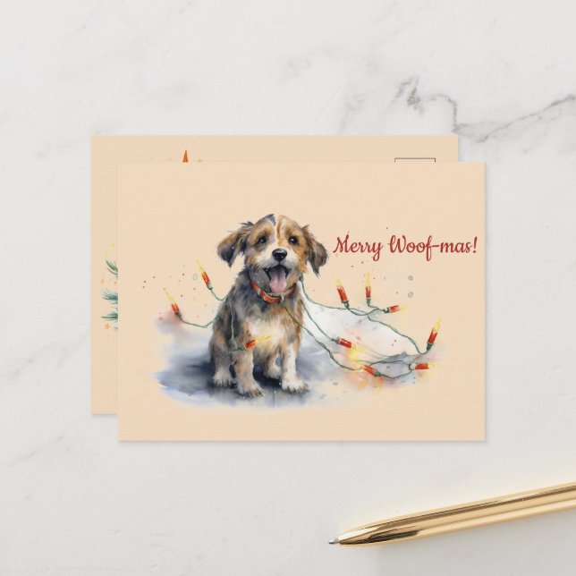 Merry Woof-mas Dog Lights Christmas Postcard (Front/Back In Situ)