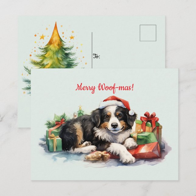 Merry Woof-mas Dog Santa Hat Presents Christmas Postcard (Front/Back)