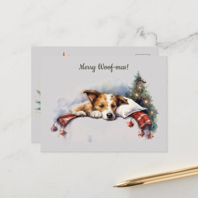 Merry Woof-mas Dog Tree Sleeping Christmas Postcard (Front/Back In Situ)