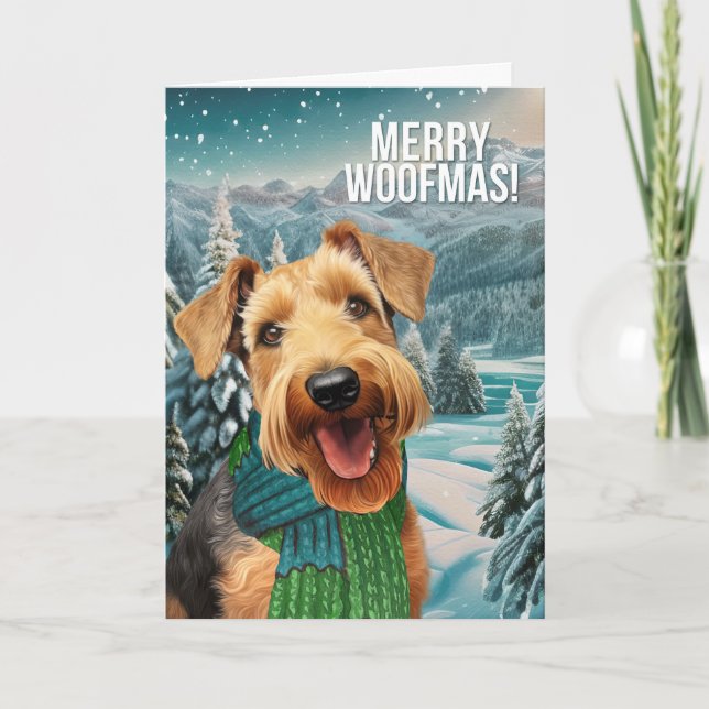 Merry Woofmas Airedale Terrier Dog in Winter Scarf Holiday Card (Front)