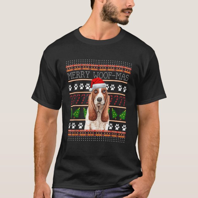 Merry Woofmas Basset Hound Dog Ugly Christmas Swea T-Shirt (Front)