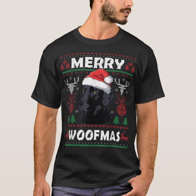 Merry Woofmas Black Lab Christmas Dog L T-Shirt (Front)