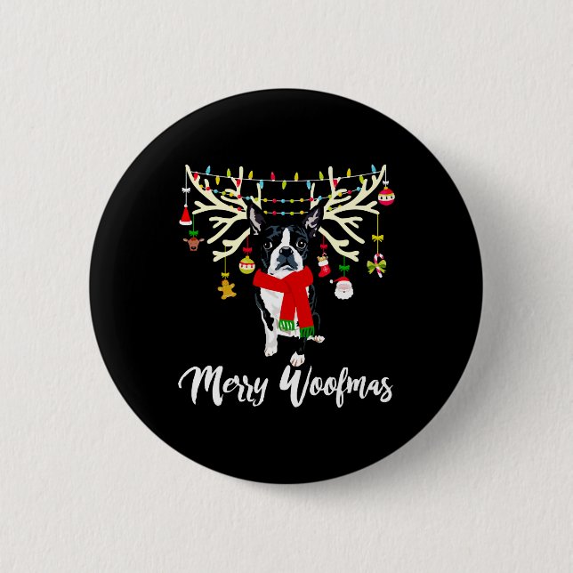 Merry Woofmas Boston Terrier Reindeer Christmas Do 6 Cm Round Badge (Front)