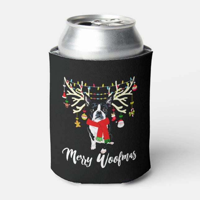 Merry Woofmas Boston Terrier Reindeer Christmas Do Can Cooler (Can Front)