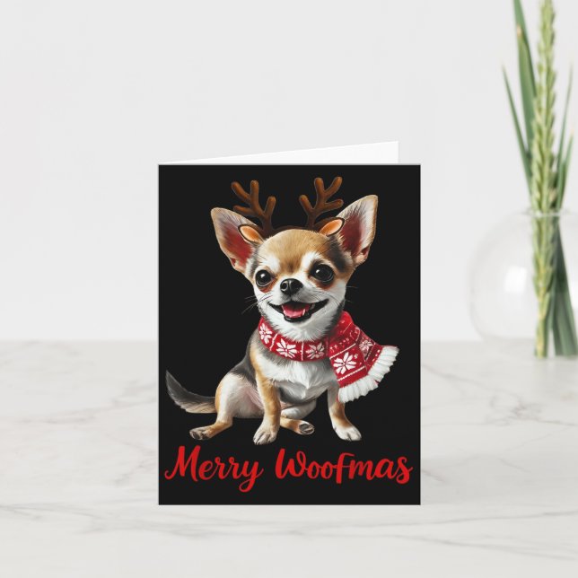 Merry Woofmas Chihuahua Dog Meme In Reindeer Antle Card (Front)